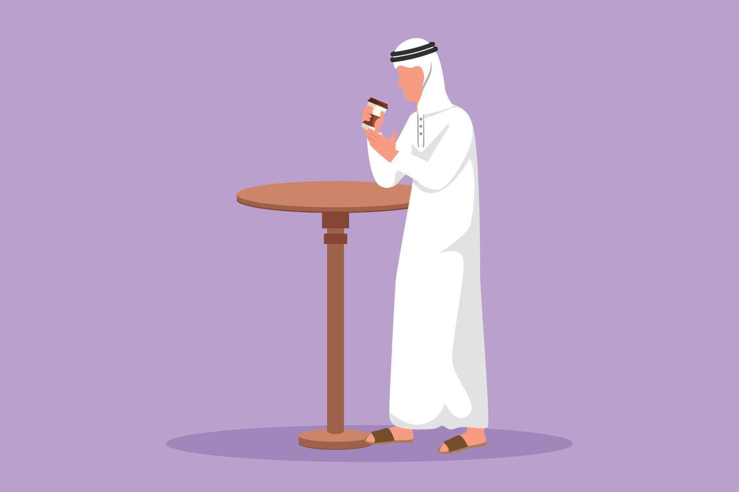 Graphic flat design drawing Arabian man stand at table in cafe, relaxing in cafeteria. Coffee break morning daily concept. Drinking hot flavored coffee at restaurant. Cartoon style vector illustration