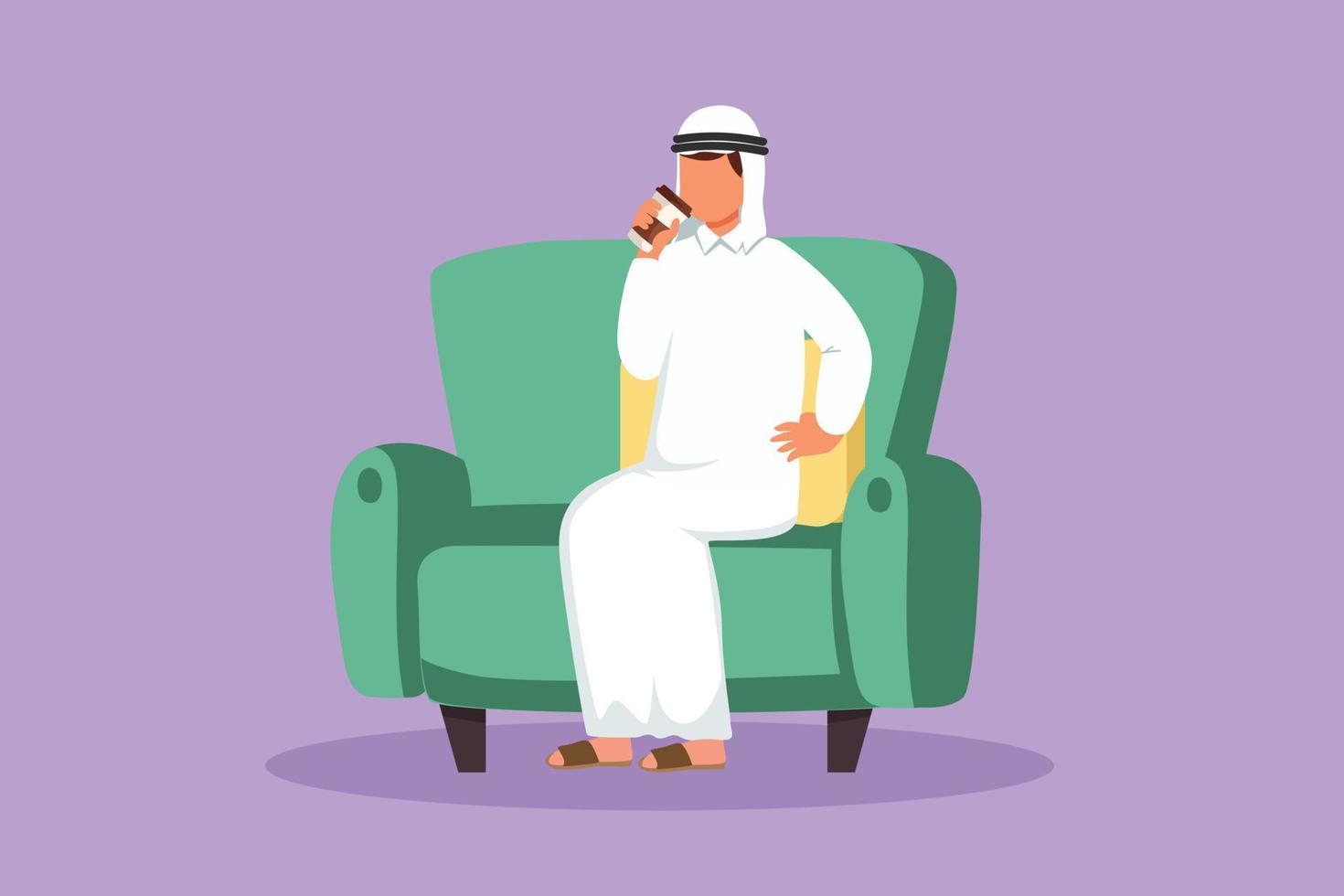dibujo de diseño plano gráfico hombre de negocios árabe sentado en el sofá y descansando, bebiendo té. el gerente masculino sostiene una taza de café de papel. disfrutando del tiempo de descanso en la oficina. ilustración vectorial de estilo de dibujos animados vector