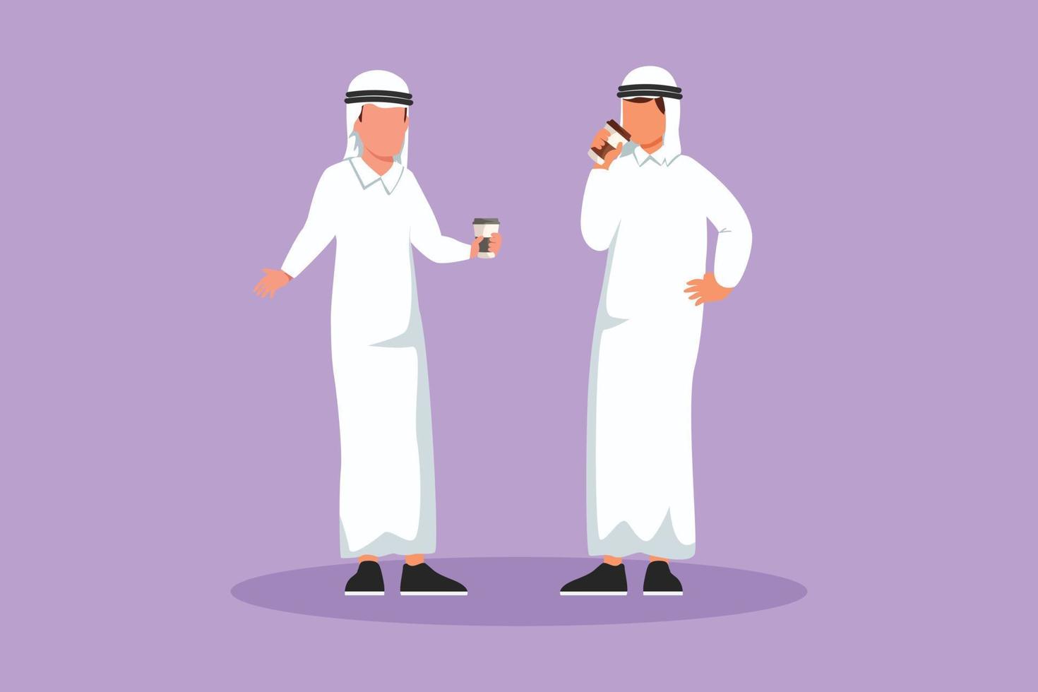 Cartoon flat style drawing two Arab men standing and drinking coffee, relaxing in cafeteria. Friends or colleagues meeting in bistro, communicate, pastime together. Graphic design vector illustration