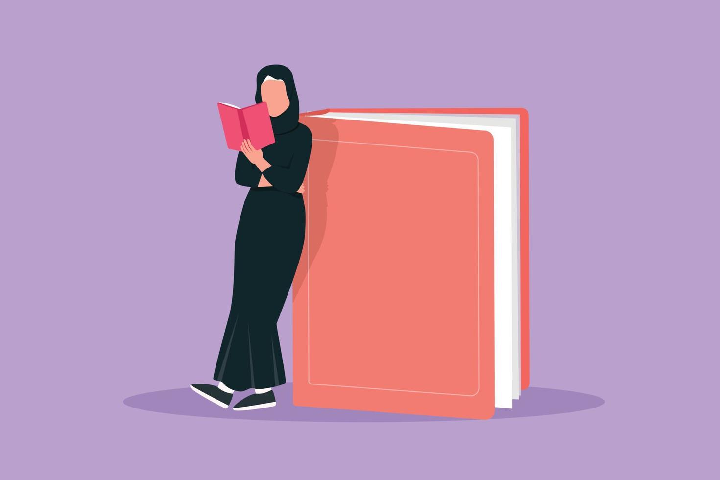 Character flat drawing Arab woman reading and standing on big book. Smart girl student learning and studying in library. Education and intellectual manner concept. Cartoon design vector illustration