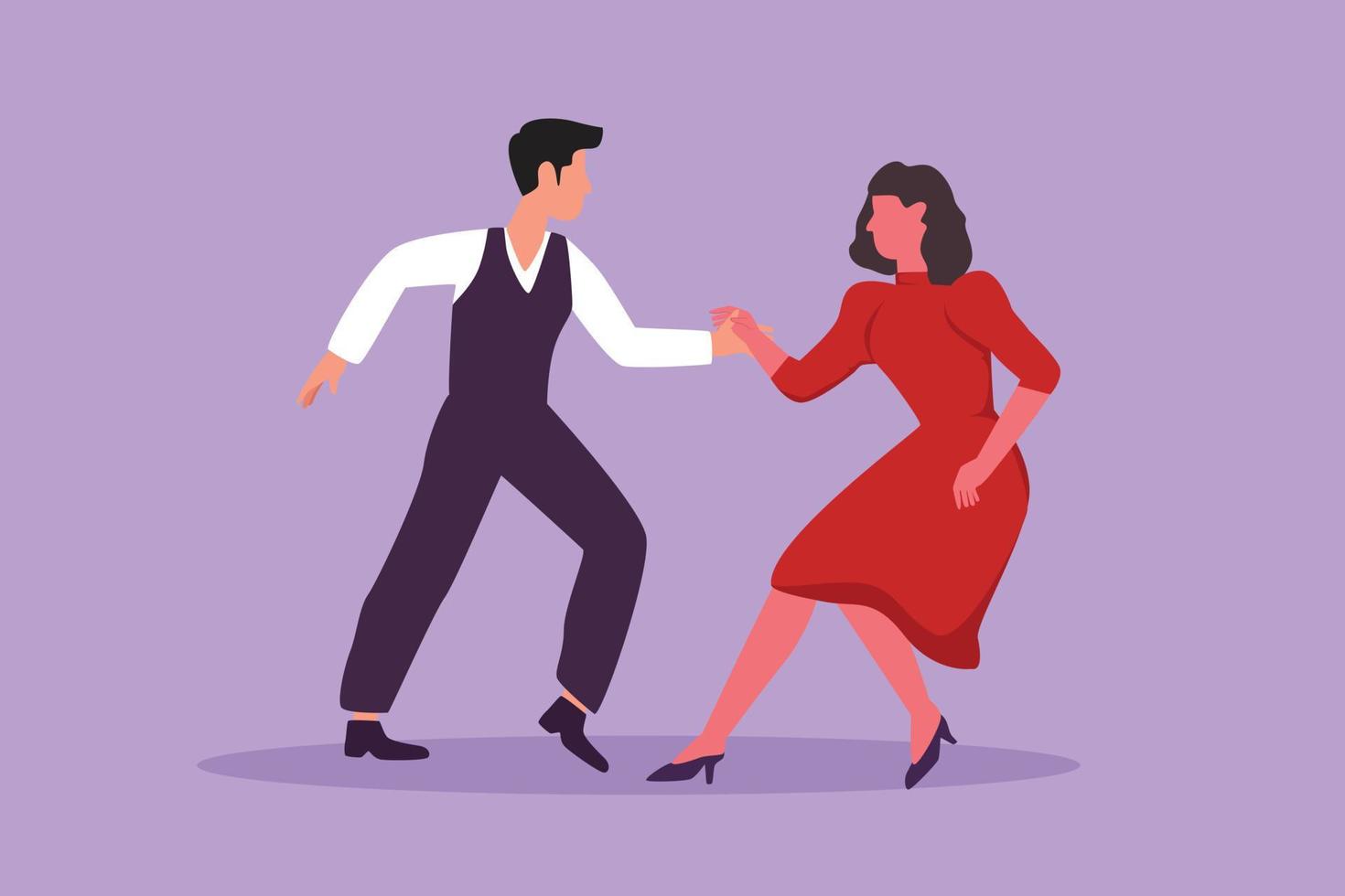 Cartoon flat style drawing happy people dancing salsa. Young man and woman in dance. Pair of dancer with waltz tango and salsa style moves. Couple dancing together. Graphic design vector illustration
