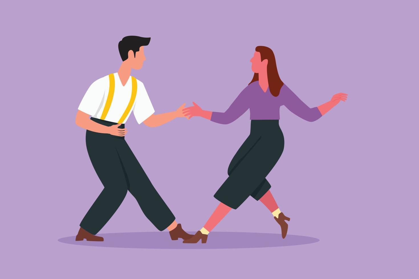 Character flat drawing attractive man and woman dancing Lindy hop or Swing. Young male and female performing dance at school or party. Happy couple dancing together. Cartoon design vector illustration