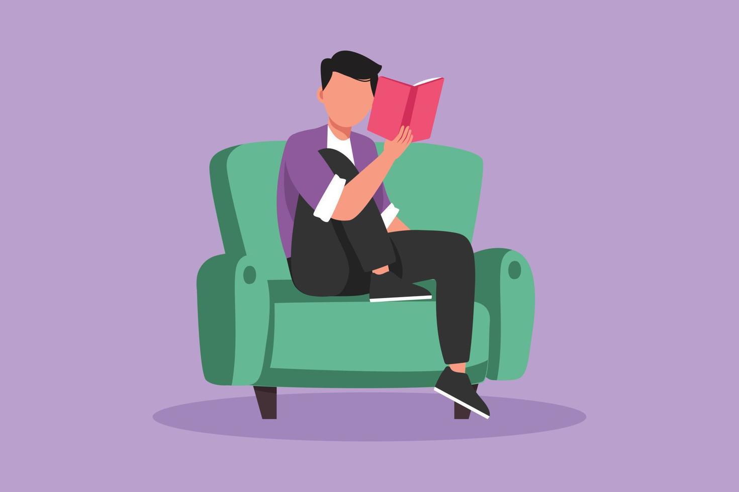 Cartoon flat style drawing young man reading book sitting in armchair in cozy living room interior. Intellectual manner. Person relaxes after work sitting on couch. Graphic design vector illustration