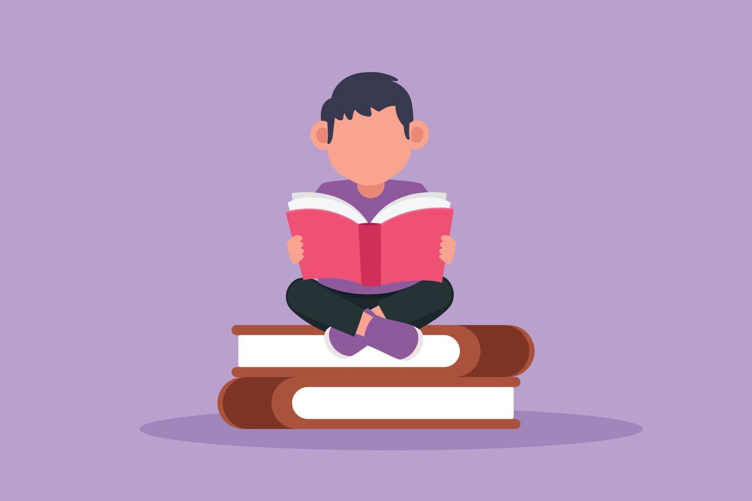 Cartoon flat style drawing little boy reading, learning and sitting on big books. Studying in library. Smart student sitting on pile of books, education, book fair. Graphic design vector illustration