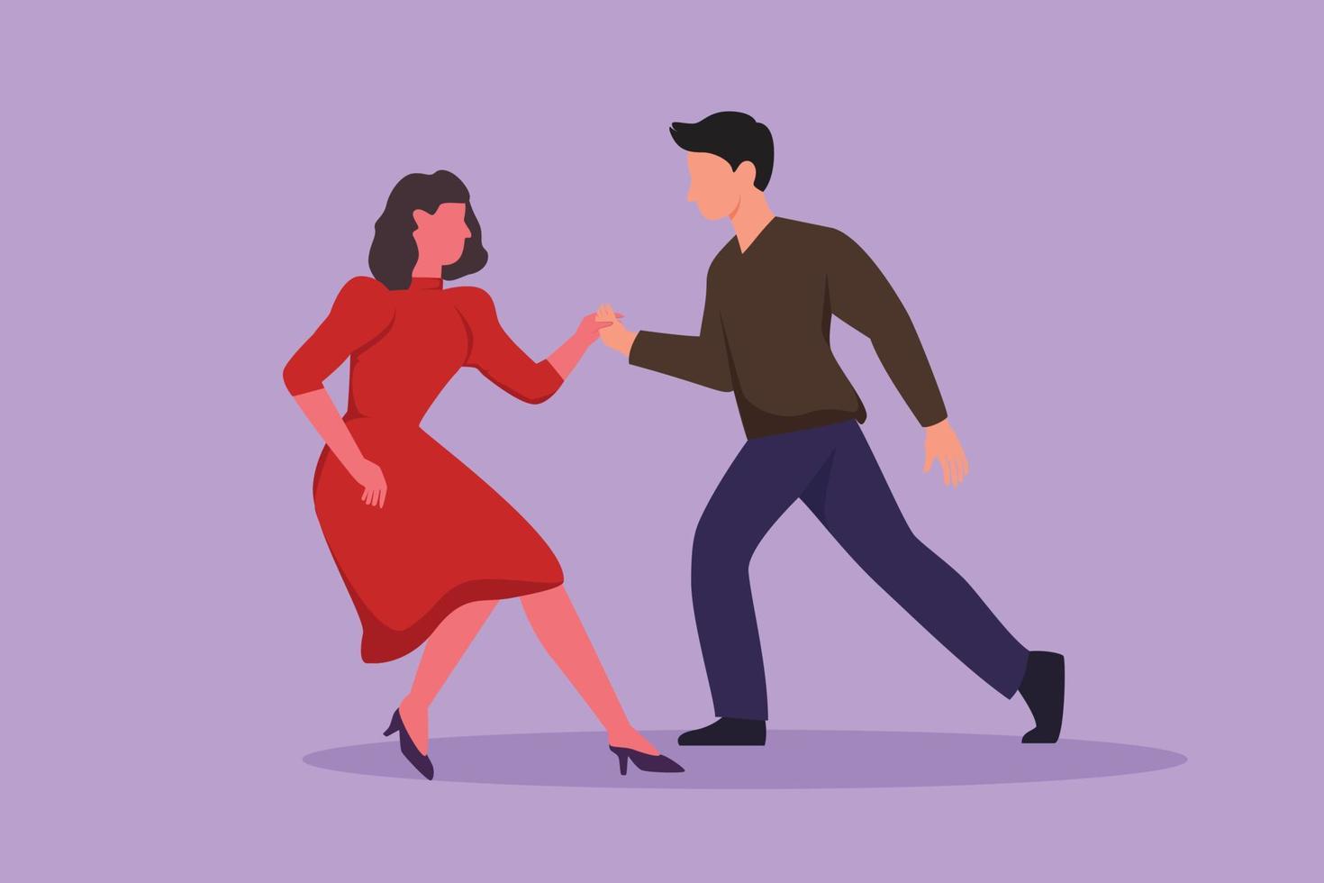 Character flat drawing attractive man and woman performing dance at school, studio, party. Young male and female characters dancing tango at Milonga. Couple dancing. Cartoon design vector illustration