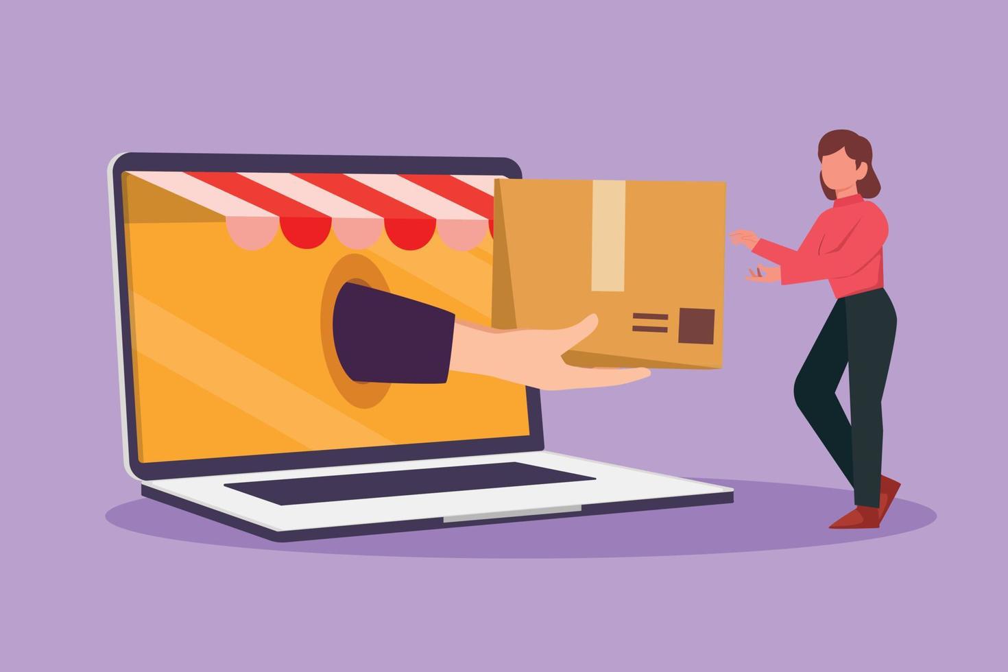 Cartoon flat style drawing beautiful woman receives package box from big hand that came out of large canopy laptop screen. Digital delivery and online store concept. Graphic design vector illustration