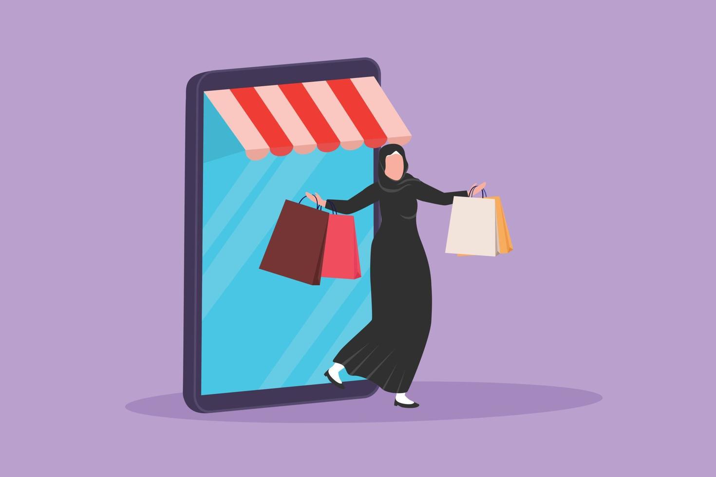 dibujo de diseño plano gráfico mujer árabe saliendo de la pantalla del teléfono inteligente con dosel sosteniendo bolsas de compras. venta, estilo de vida digital, consumismo. tecnología de tienda en línea. ilustración vectorial de estilo de dibujos animados vector