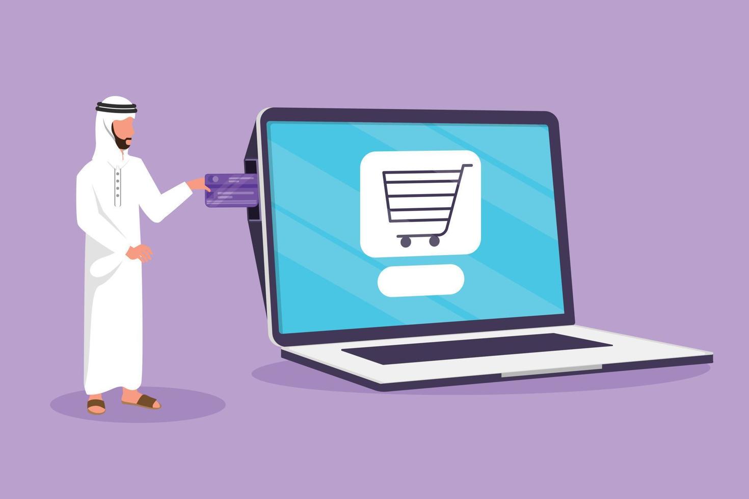 Cartoon flat style drawing young Arabian man inserting credit card into large laptop screen with shopping cart inside. E-commerce, digital payment and online store. Graphic design vector illustration