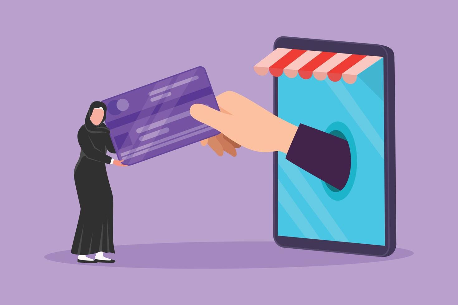 Character flat drawing Arab female inserting credit card into large canopy smartphone screen and accepted by big hand. Digital payment and online store technology. Cartoon design vector illustration
