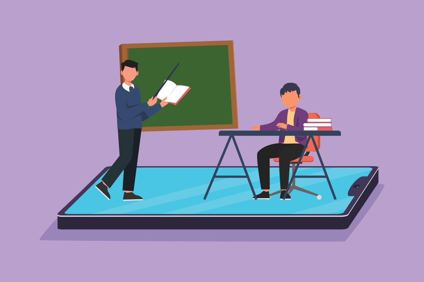 Character flat drawing male teacher teaching smart boy junior high school student who sitting on chair near desk and study on smartphone screen. E-learning metaphor. Cartoon design vector illustration