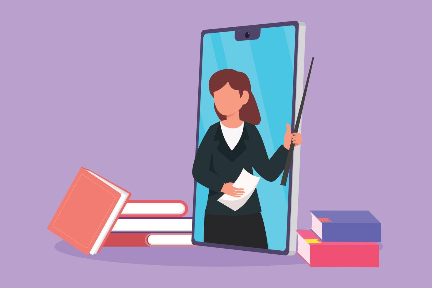 Cartoon flat style drawing beauty female teacher teaching, half of her body is out of smartphone screen with pile of book. internet class. Online learning metaphor. Graphic design vector illustration