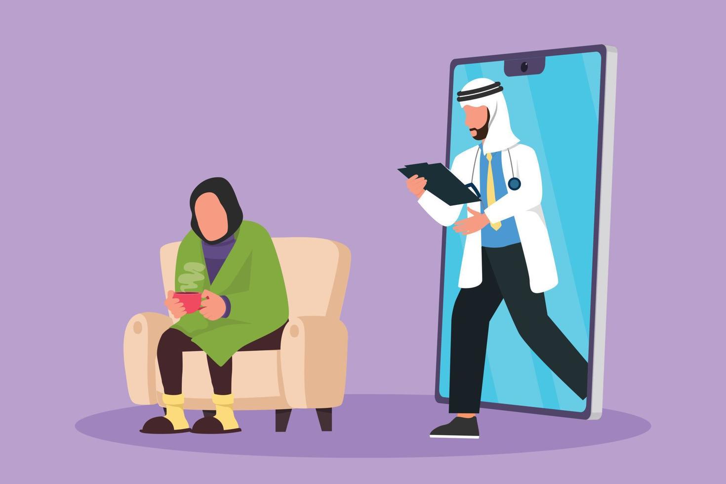 Graphic flat design drawing female patient having fever sitting on sofa, using blanket, holding mug and Arabian male doctor walking out of smartphone with clipboard. Cartoon style vector illustration