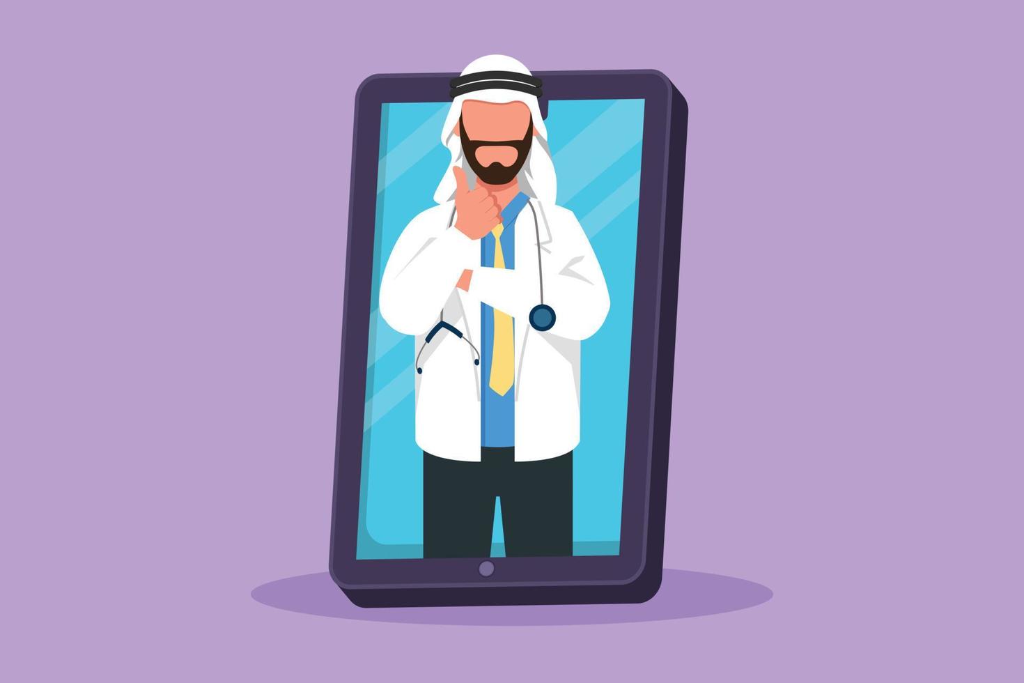 Character flat drawing Arabian male doctor come out of smartphone screen while making thumb up gesture. Online doctor consultation app. Digital healthcare metaphor. Cartoon design vector illustration