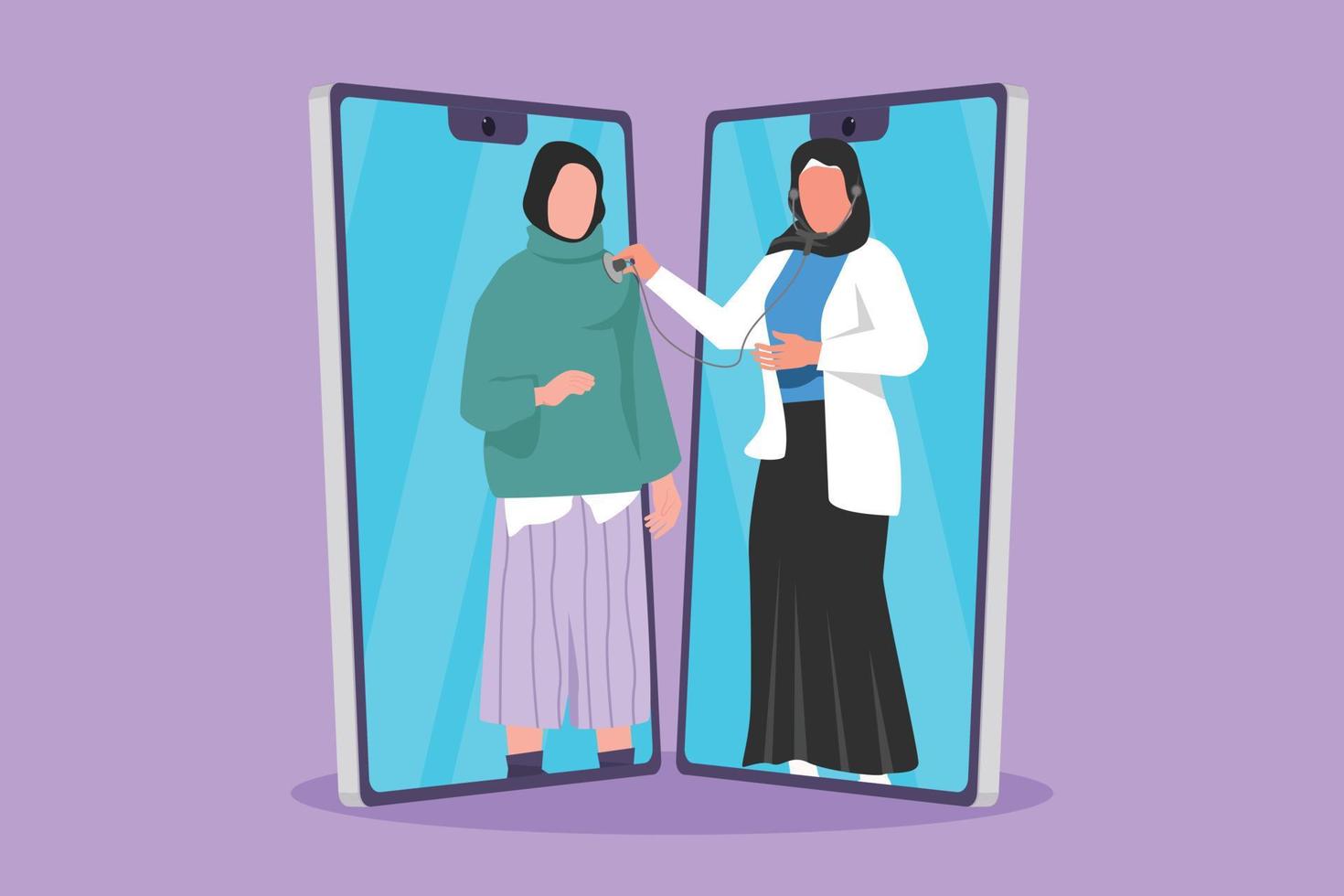 Character flat drawing two smartphones facing each other with Arab female doctor checking heart rate of female patient using stethoscope. Online doctor medical app. Cartoon design vector illustration