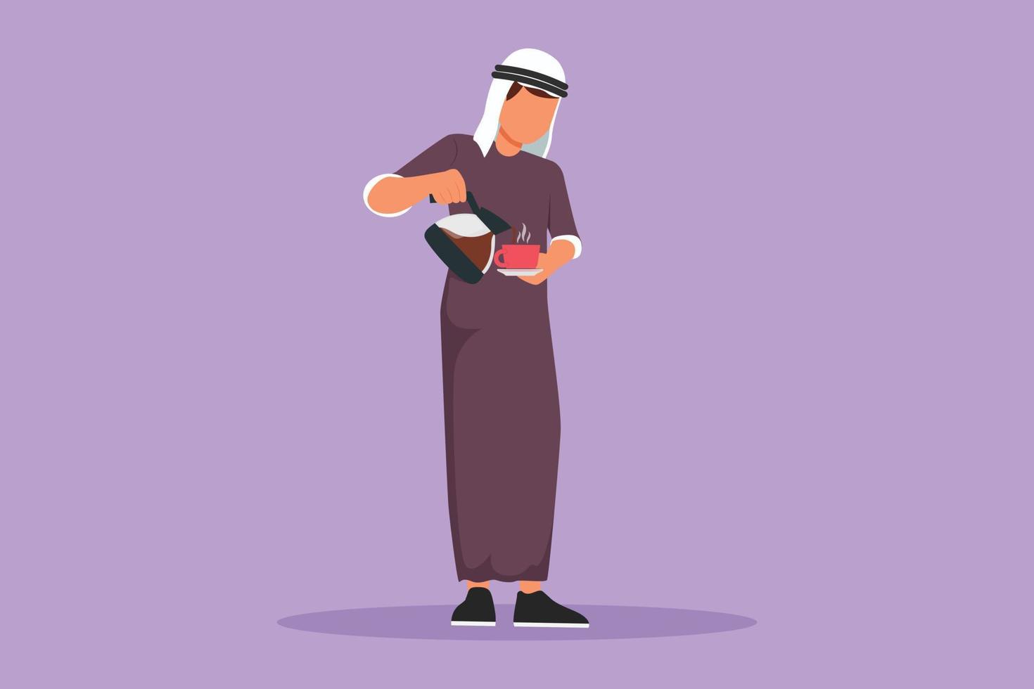 Graphic flat design drawing Arab man drinking coffee. Male standing and pouring coffee from kettle into cup. Enjoying weekend relax at home. Breakfast morning daily. Cartoon style vector illustration