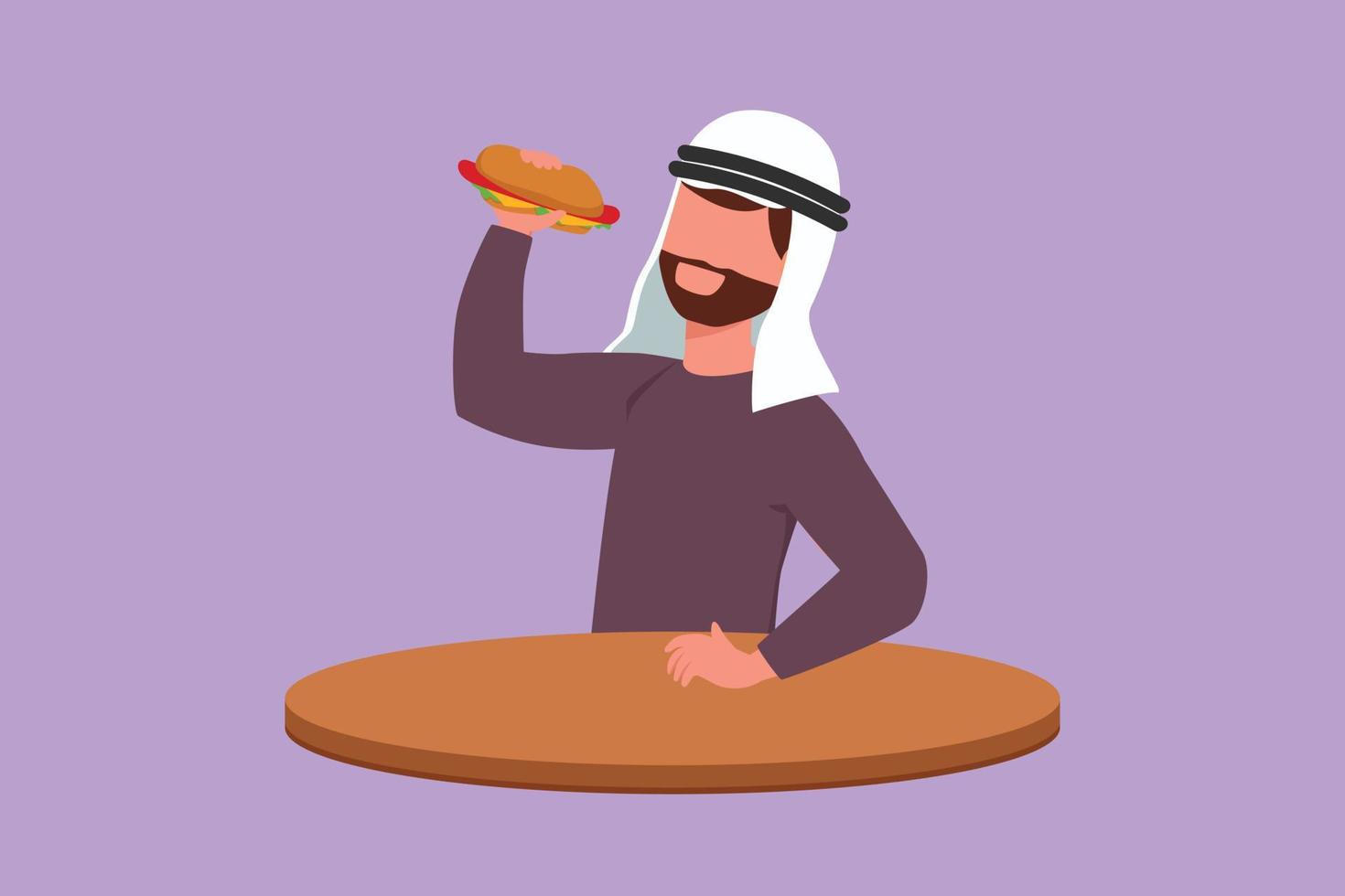 Cartoon flat style drawing happy bearded Arabian man eating hotdog sandwich. Tasty street fast food. For cafe, eatery, ads. Unhealthy snack meal. Office lunch break. Graphic design vector illustration