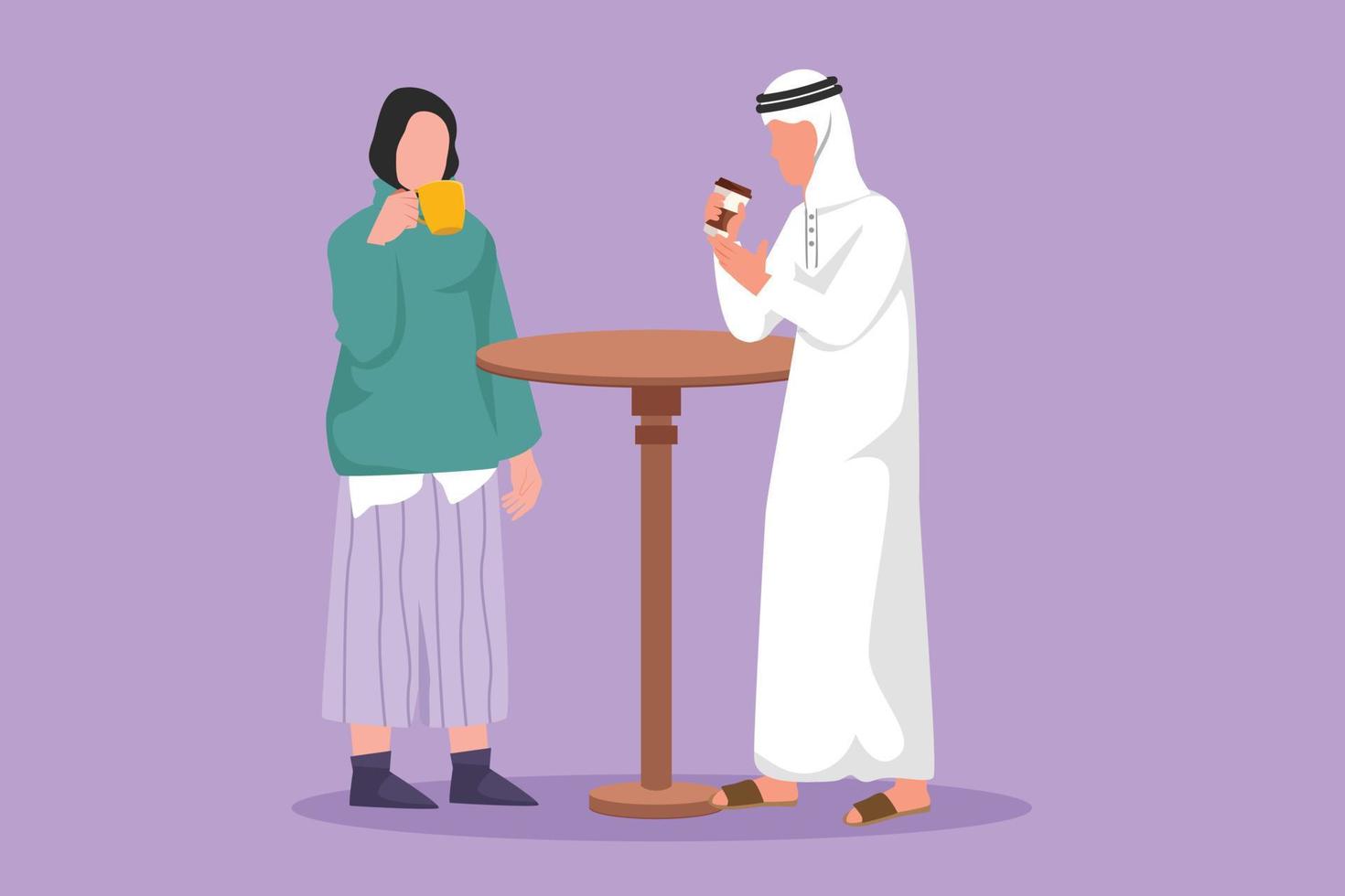 Character flat drawing loving Arab couple is drinking coffee and stand at table in cafe. Friend or colleagues meeting in bistro, drinking beverage, pastime together. Cartoon design vector illustration