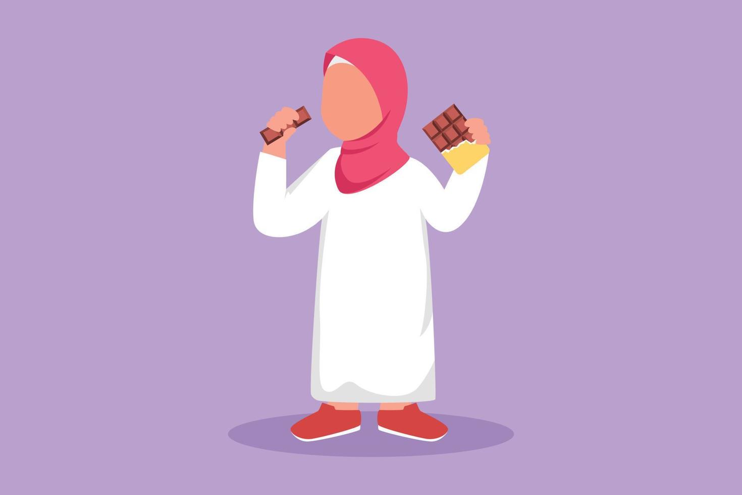 Dibujo de estilo plano de dibujos animados Un niño pequeño árabe come una barra de chocolate envuelta en un paquete. adorable niña disfruta de un postre dulce. golosina favorita para los niños. ilustración vectorial de diseño gráfico vector