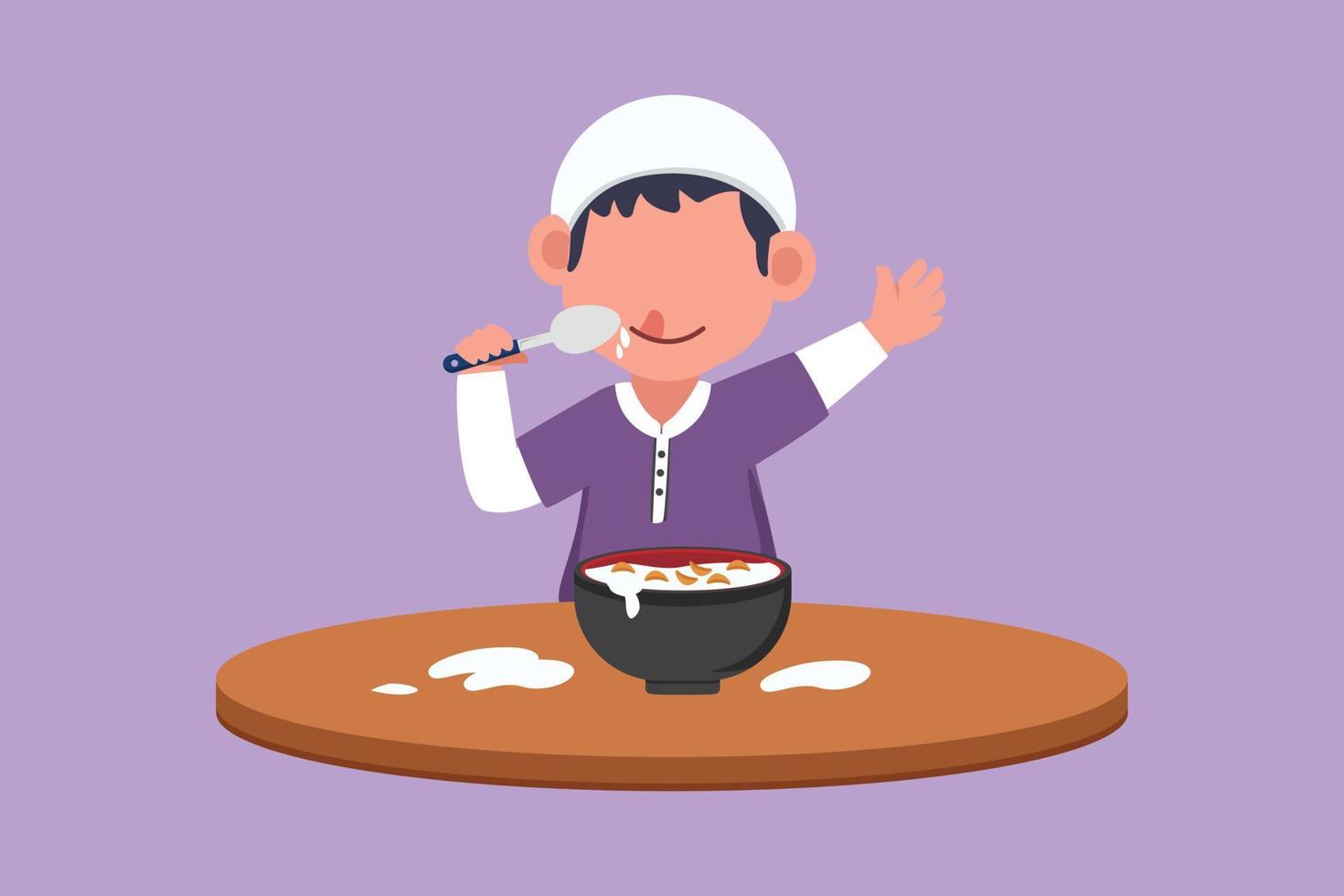 Cartoon flat style drawing little boy having cereal for breakfast. Happy Arabian kid eating cereal flakes sitting at table. Children day schedule or daily routine. Graphic design vector illustration