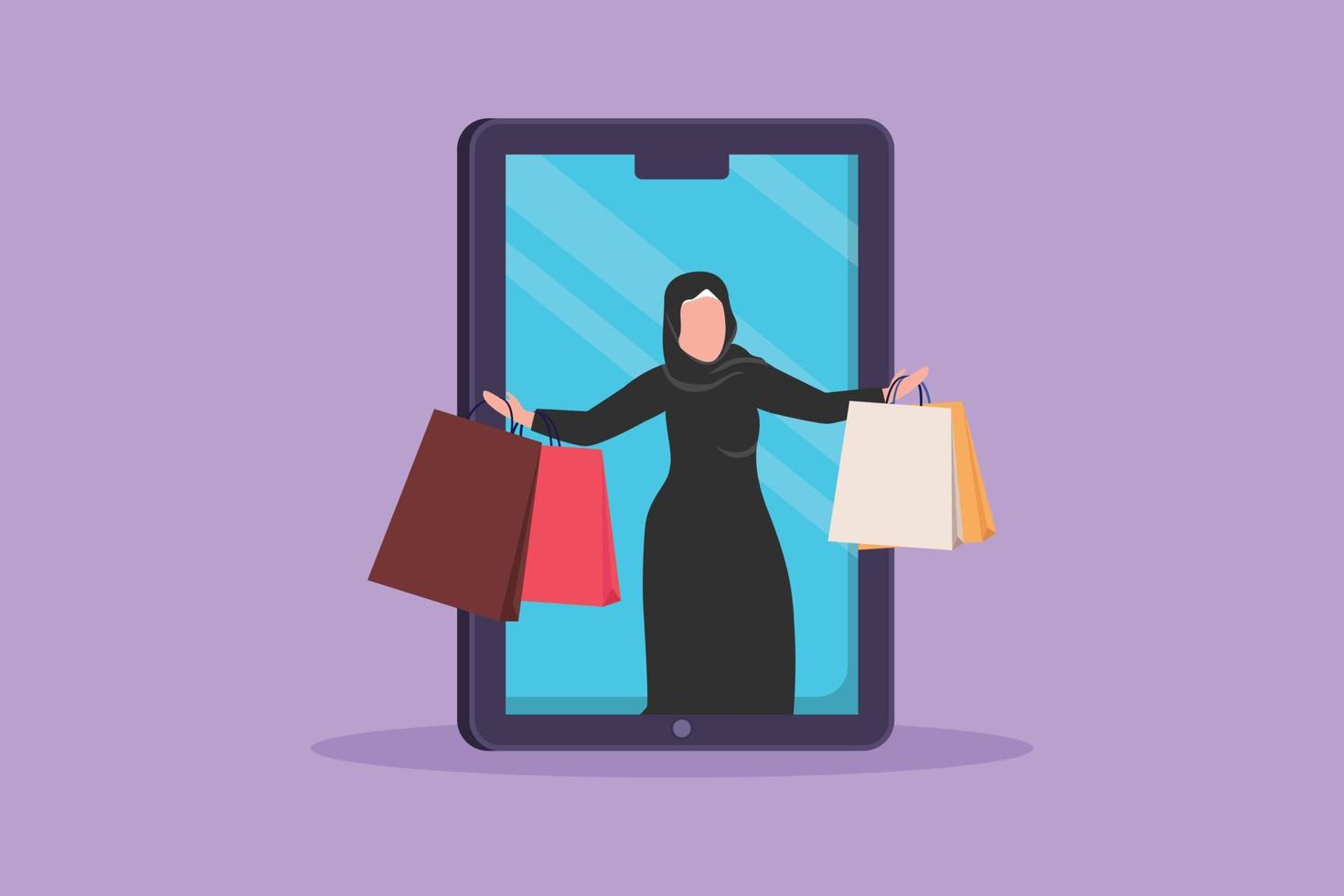 Character flat drawing Arabian woman coming out of large smartphone screen with holding shopping bags. Sale, digital lifestyle, consumerism. Online store technology. Cartoon design vector illustration
