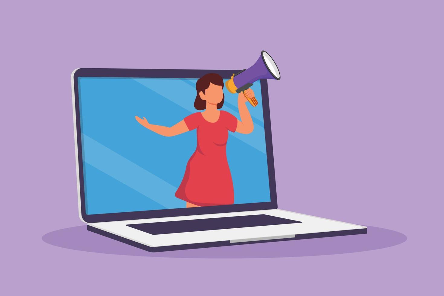 Graphic flat design drawing woman coming out of laptop computer screen holding megaphone. Offering product with discount or sale. Digital marketing and online store. Cartoon style vector illustration