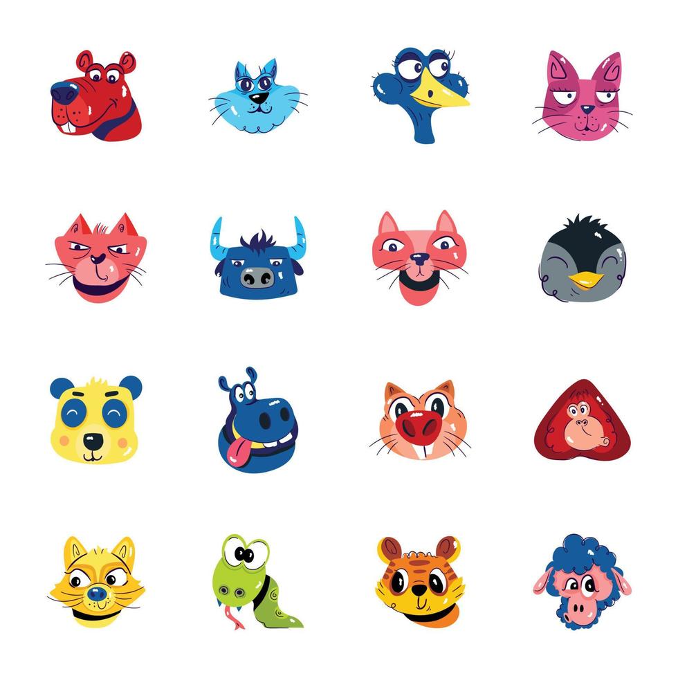 Set of Cute Animal Avatars Flat Stickers vector