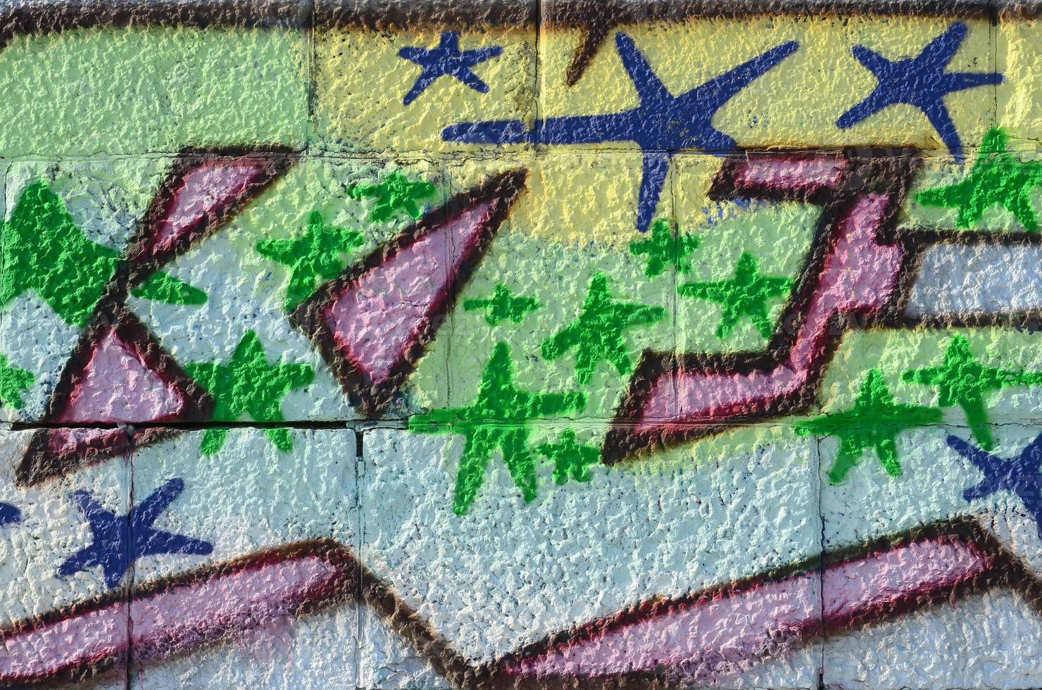 Fragment of graffiti drawings. The old wall decorated with paint stains in the style of street art culture. Colored background texture in green tones photo