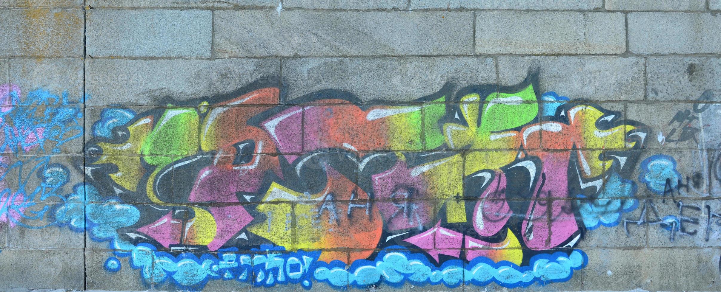 Fragment of graffiti drawings. The old wall decorated with paint stains in the style of street art culture. Multicolored background texture photo