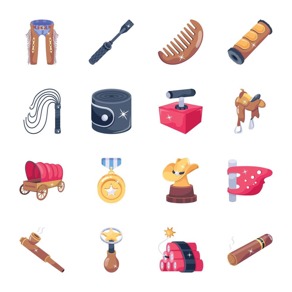 paquete de iconos 2d de accesorios de vaquero vector