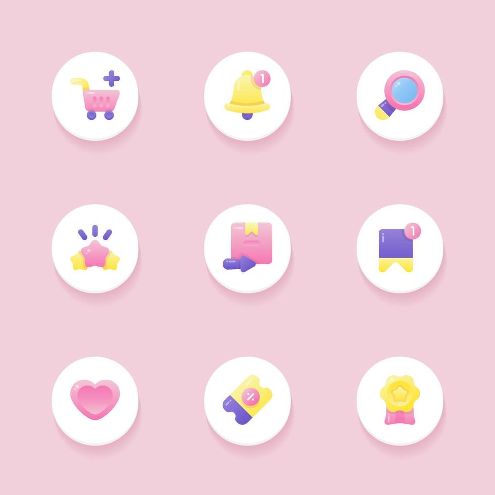 lindos iconos de interfaz de usuario de comercio electrónico de compras sofisticadas de color rosa, púrpura y amarillo kawaii para aplicaciones vector