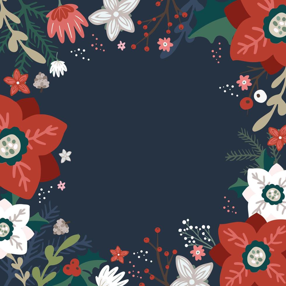 Poinsettias Flower and Winter Foliage Border in Dark Background vector