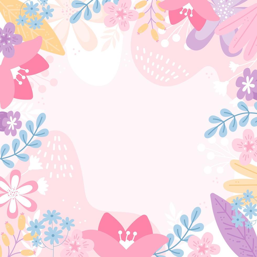 borde de primavera floral de naturaleza plana con fondo rosado fluido vector