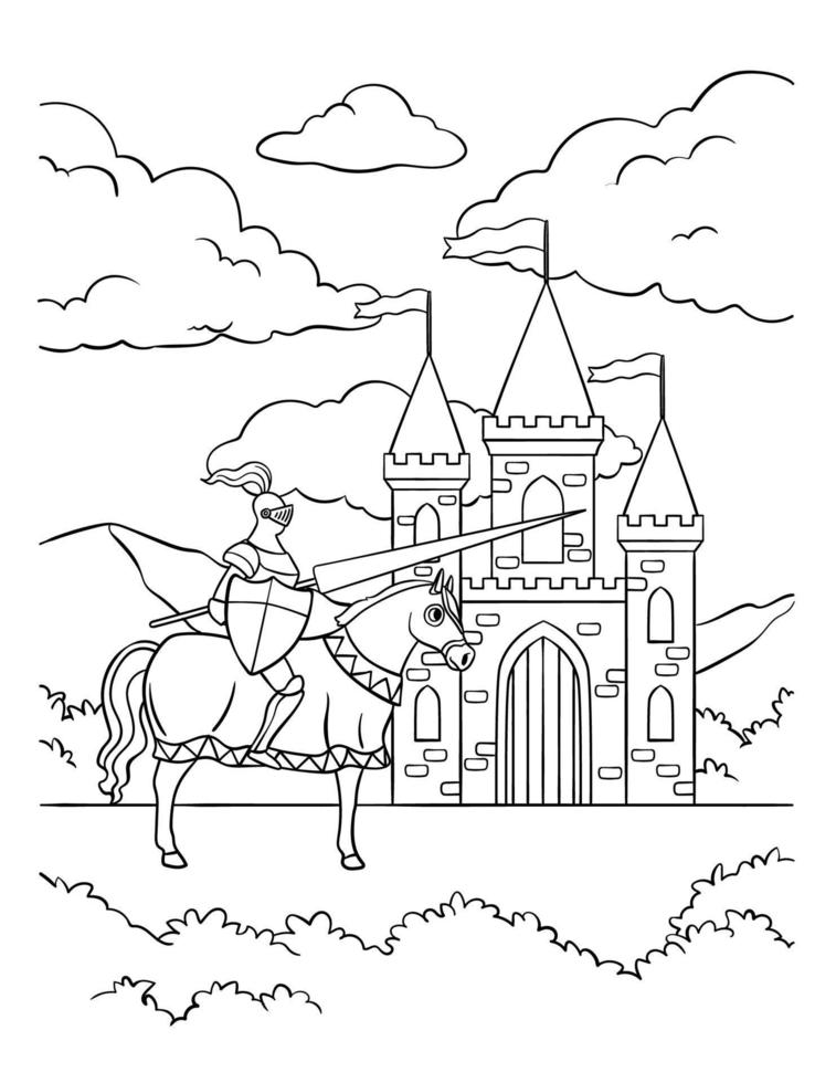 Knight Riding a Horse in Front of Castle Coloring vector