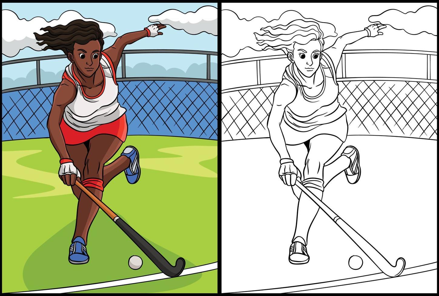 Field Hockey Coloring Page Colored Illustration vector