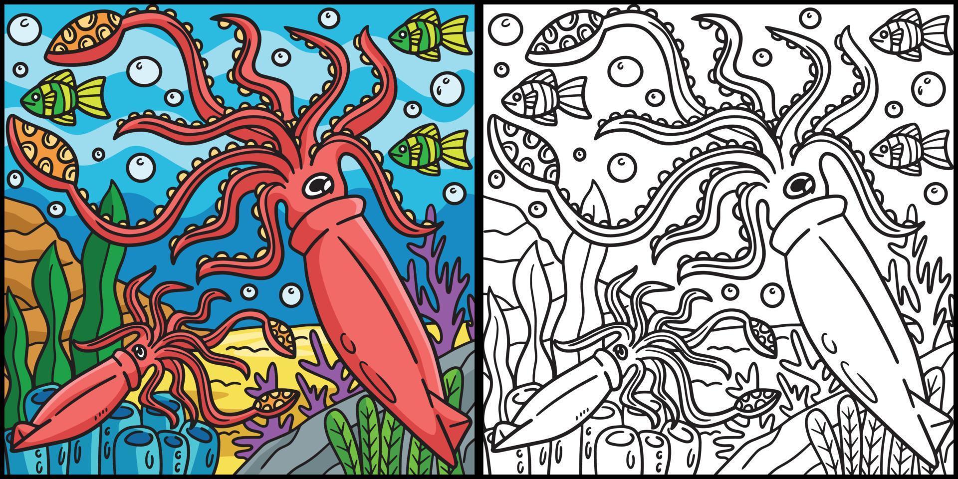Giant Squid Coloring Page Colored Illustration vector