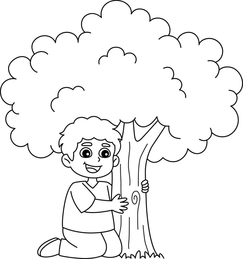 Boy Hugging a Tree Isolated Coloring Page for Kids vector