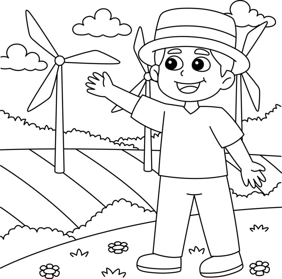 niño mostrando un molino de viento página para colorear para niños vector