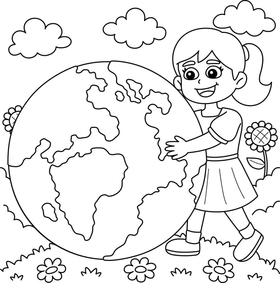 Girl Holding Earth Coloring Page for Kids vector