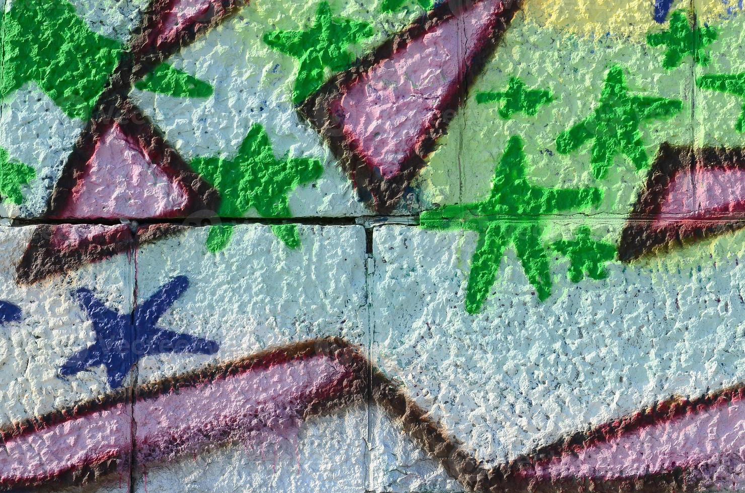 Fragment of graffiti drawings. The old wall decorated with paint stains in the style of street art culture. Colored background texture in green tones photo