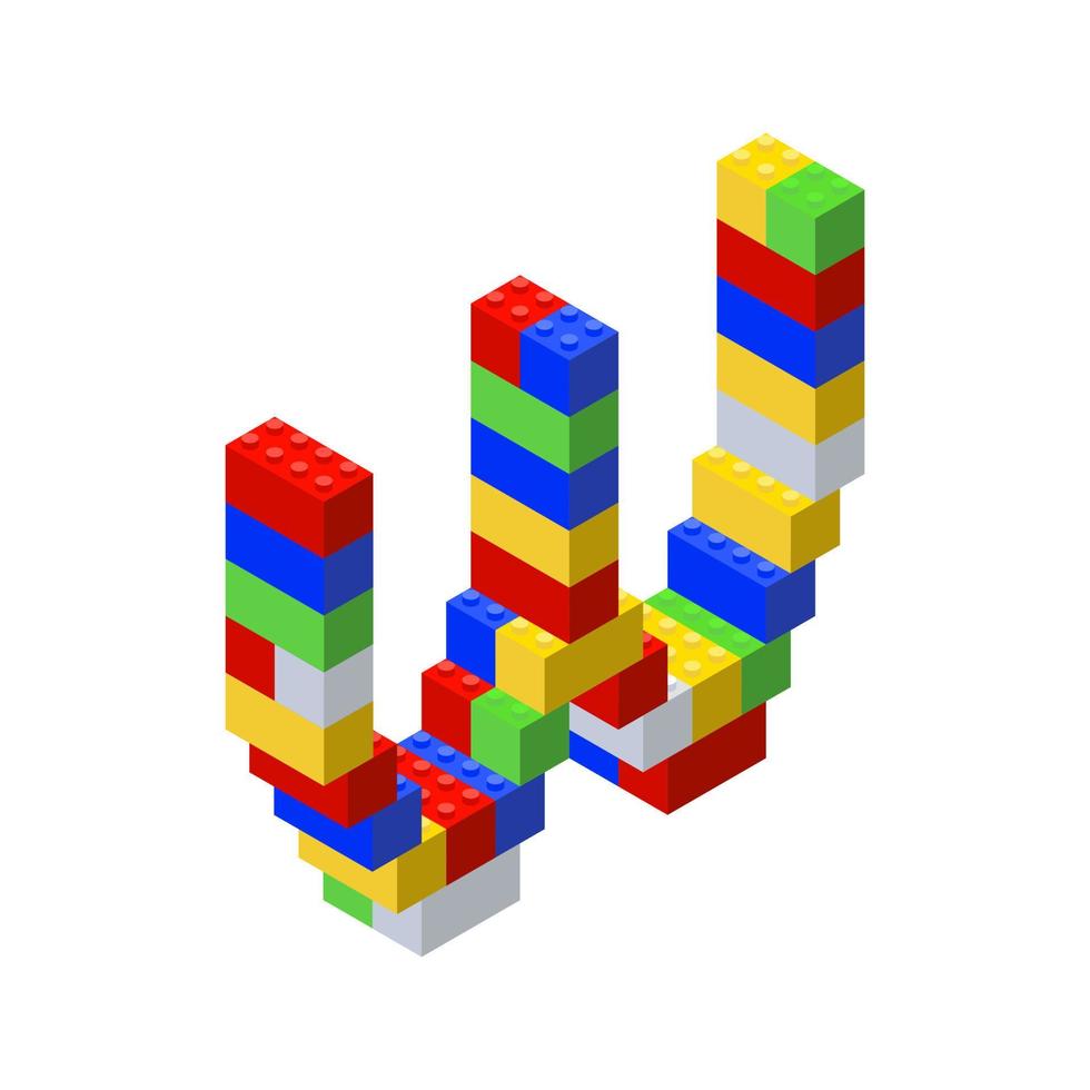 Isometric font made from color plastic blocks. The childrens designer. Letter W. Vector illustration