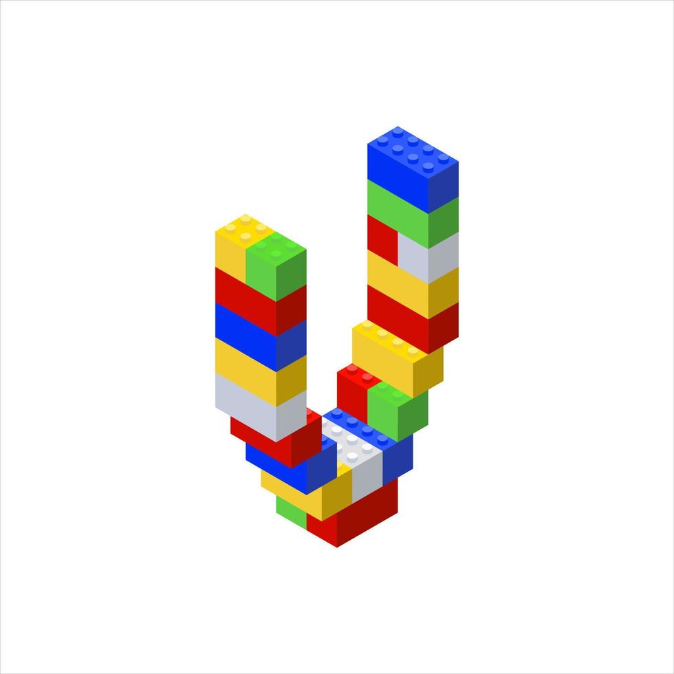 Isometric font made from color plastic blocks. The childrens designer. Letter V. Vector illustration