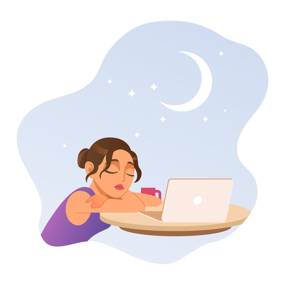 Asleep, tired from work freelance girl illustration in flat style. Vector clipart