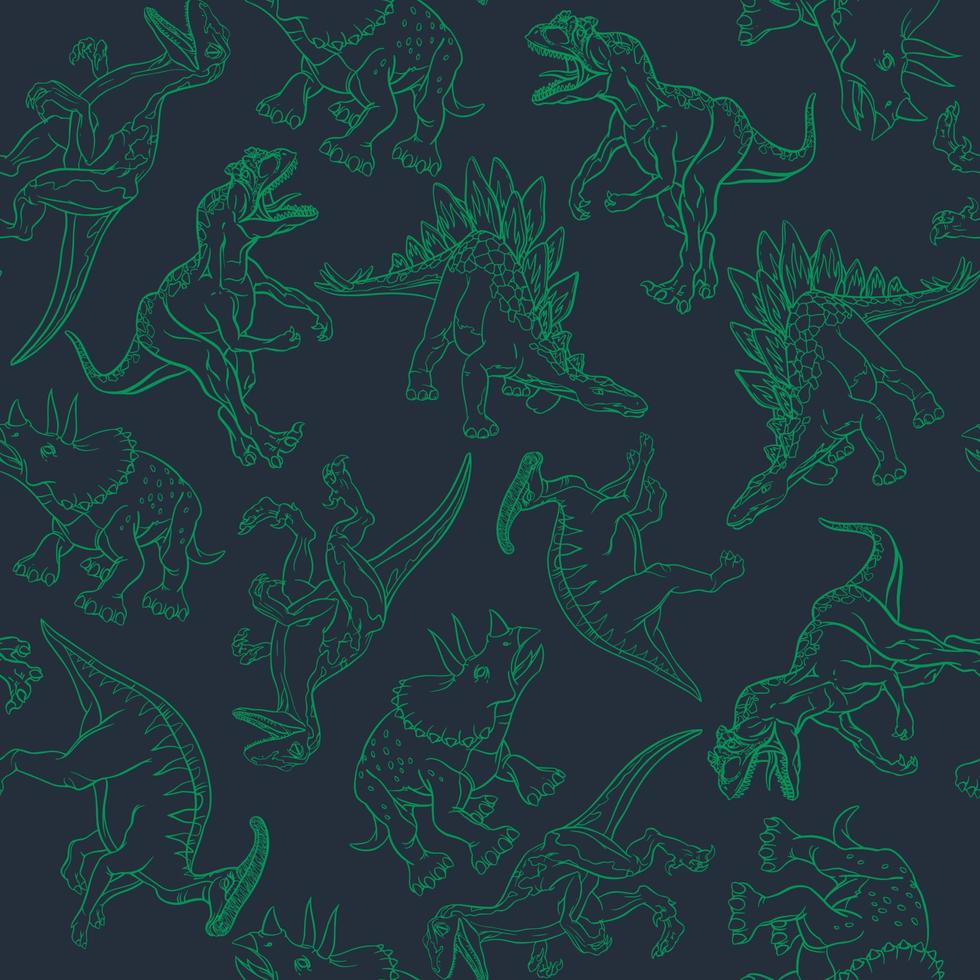 Dinosaurs drawn on a black background with a green outline in the style of a pattern. Vector illustration.