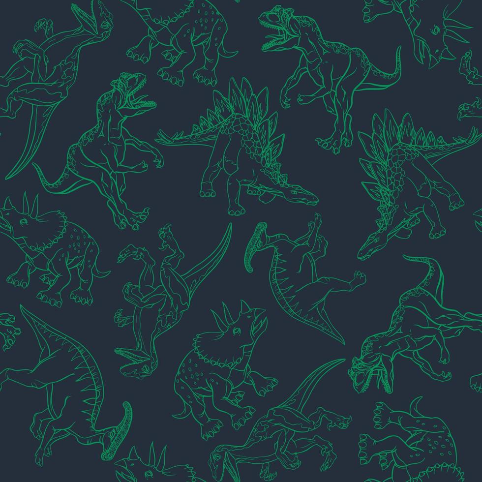 dinosaurios dibujados sobre un fondo negro con un contorno verde al estilo de un patrón. ilustración vectorial vector