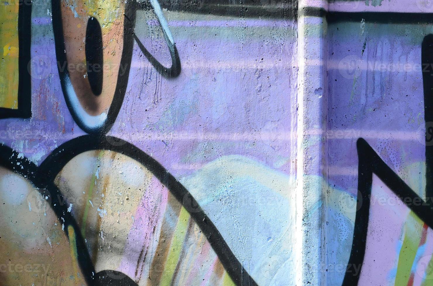 Fragment of graffiti drawings. The old wall decorated with paint stains in the style of street art culture. Multicolored background texture photo
