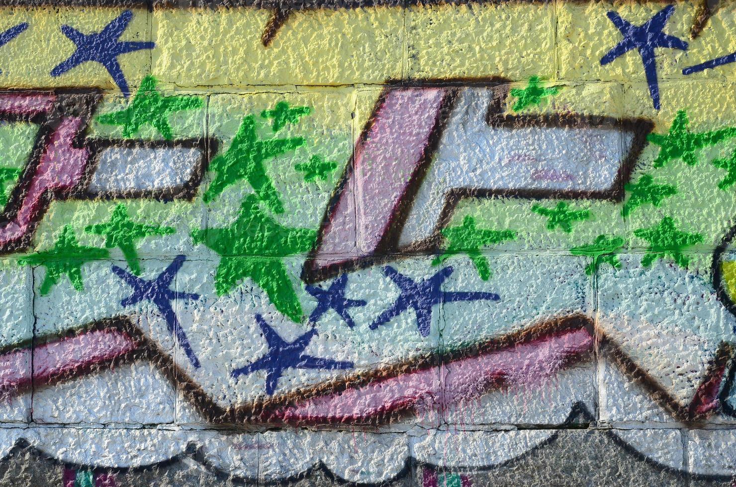 Fragment of graffiti drawings. The old wall decorated with paint stains in the style of street art culture. Colored background texture in green tones photo