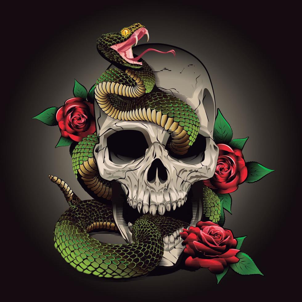 skull snake and roses. Vector illustration. engraving style