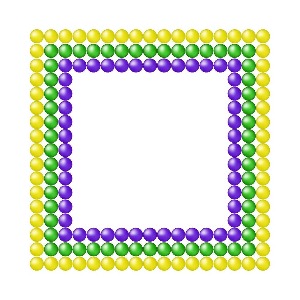 Vector colorful frame Mardi Gras coloros. Realistic beads in yellow, green and purple colors.