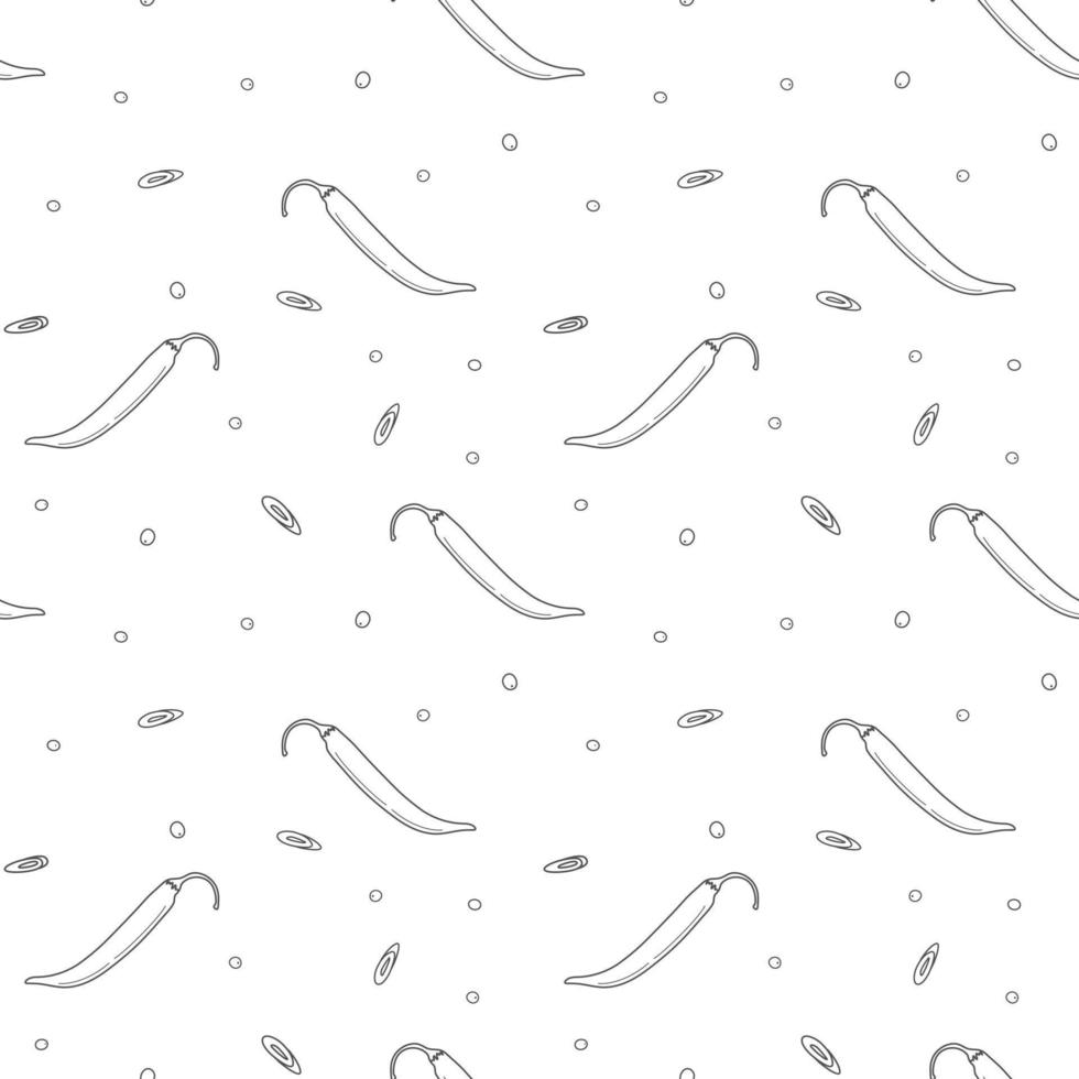 Endless pattern of chili pepper and slices and peppercorn. Latin American cuisine. Outline drawing vector