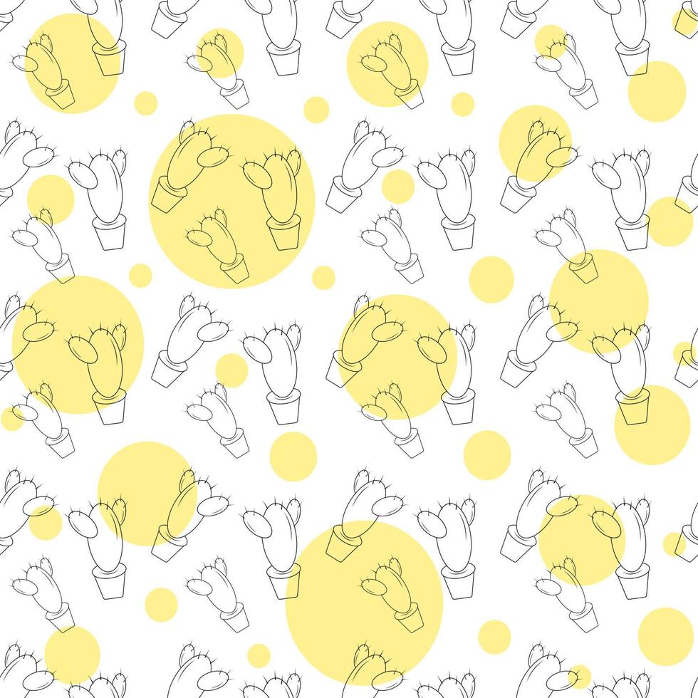 Abstract background texture from yellow circles and outline cactus in a flower pot in cartoon style vector